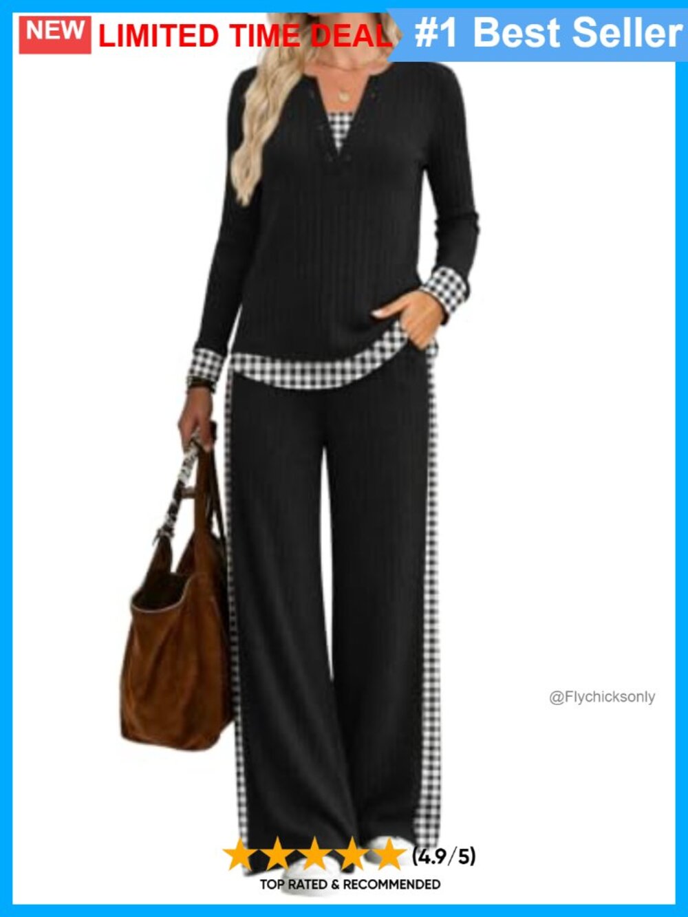Ribbed Knit 2-Piece Lounge Set Henley Top Wide Leg Pants Casual Travel